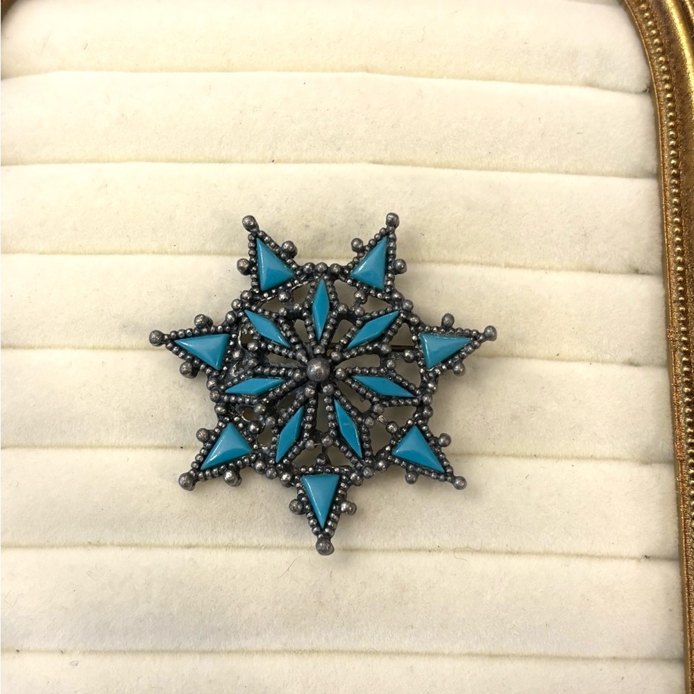 Signed NYT Southwest Faux Turquoise Brooch Silver‎ Tone Vintage Western Cowgirl
